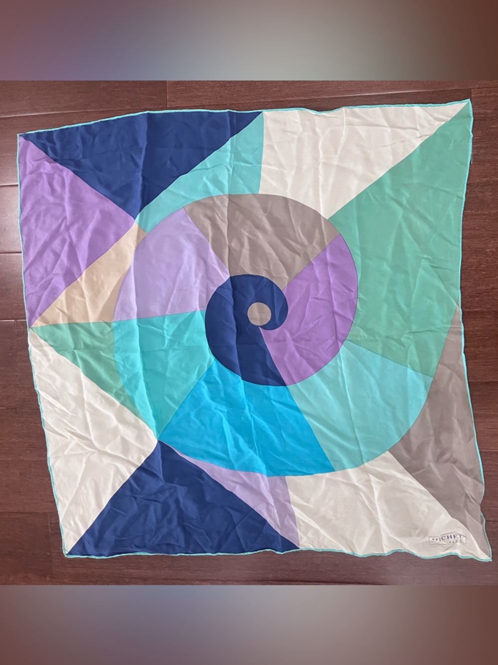 Silk Geometric Spiral Scarf in Teal, Turquoise & Purple
